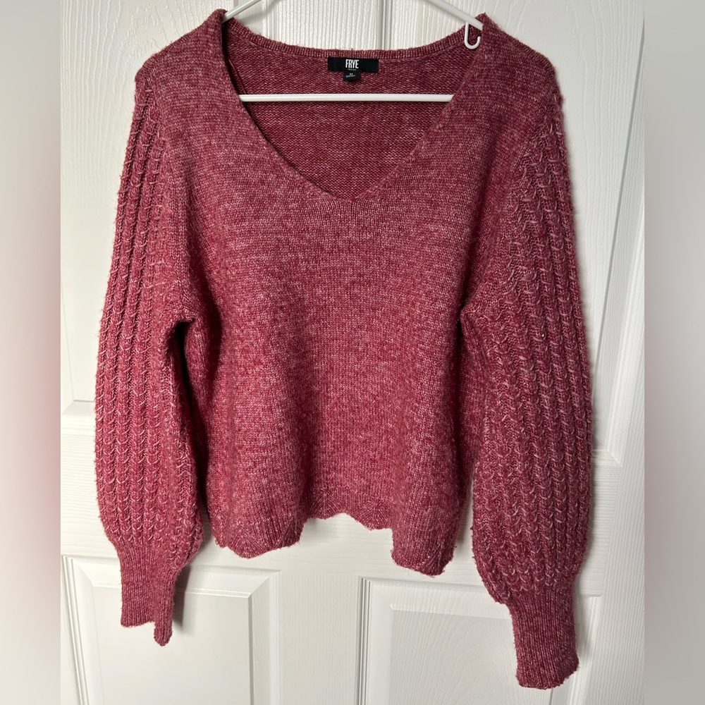 Frye Marled Red/Pink/Mauve Balloon Sleeve V Neck Crop Sweater Size Medium